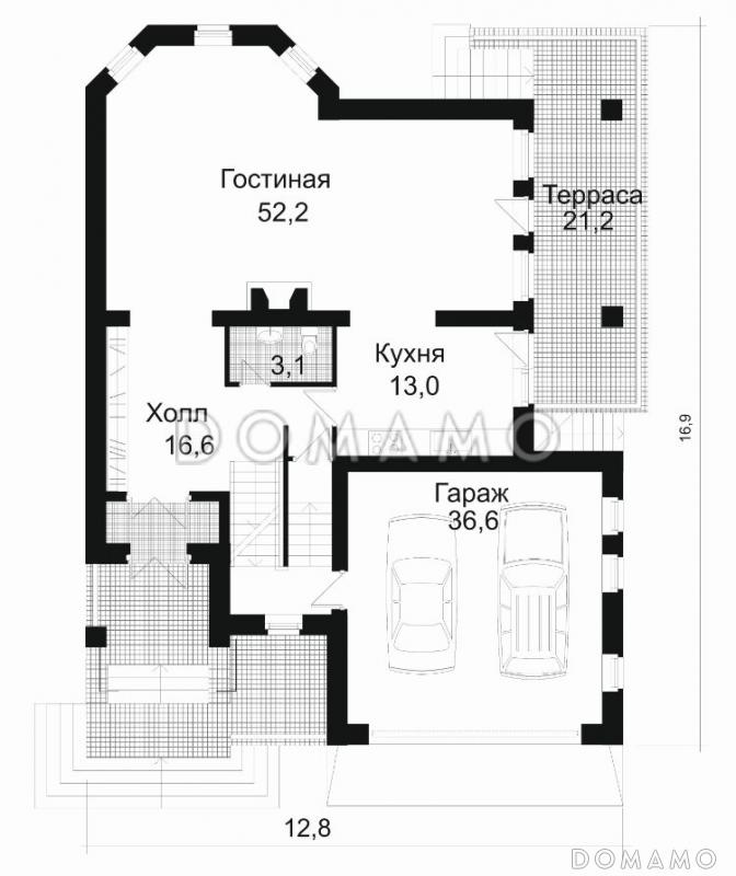 Проект коттеджа с спортзалом и гаражом на две машины / План 1 этажа