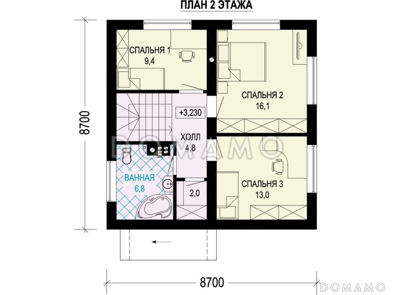 Проект двухэтажного дома с котельной с окном, комнатой на первом этаже и тремя спальнями на втором / План 2 этажа