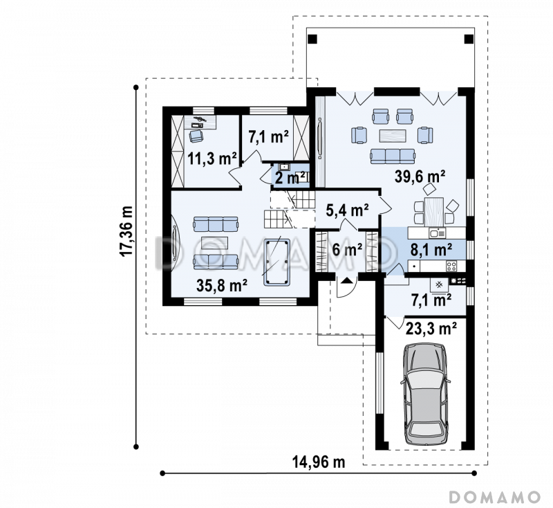 Проект необычного трёхуровневого дома из газобетона с бильярдной, тремя спальнями и гаражом  / План 1 этажа