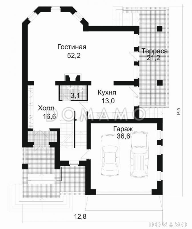 Проект коттеджа с спортзалом и гаражом на две машины / План 1 этажа