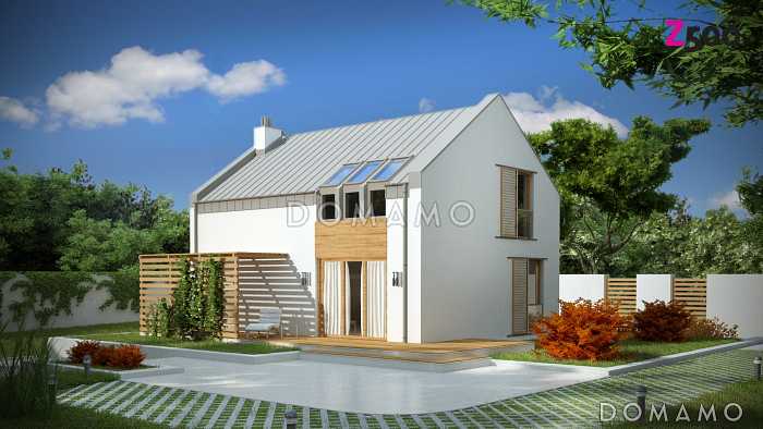 Проект компактного одноэтажного дома из кирпича с ночной зоной на мансардном этаже и открытой террасой вдоль дома