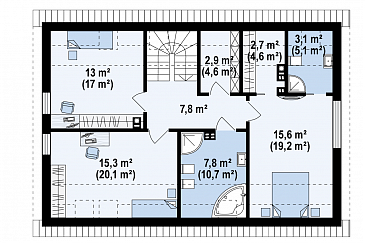 Проект одноэтажного мансардного дома из газобетона в современном стиле, со встроенным гаражом / План мансардного этажа Проект одноэтажного мансардного дома из газобетона в современном стиле, со встроенным гаражом / План мансардного этажа