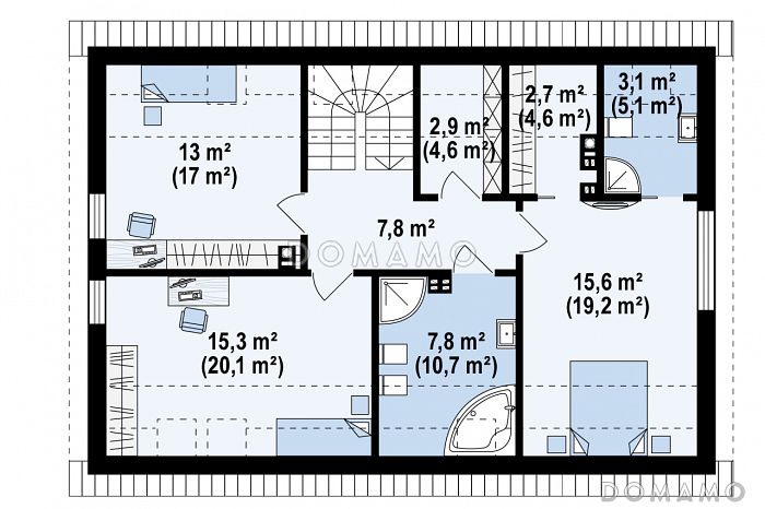 Проект одноэтажного мансардного дома из газобетона в современном стиле, со встроенным гаражом / План мансардного этажа Проект одноэтажного мансардного дома из газобетона в современном стиле, со встроенным гаражом / План мансардного этажа