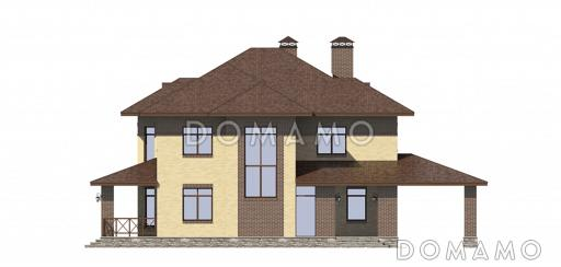 Проект коттеджа из кирпича с двуцветной облицовкой и хозяйским санузлом / Фасад справа