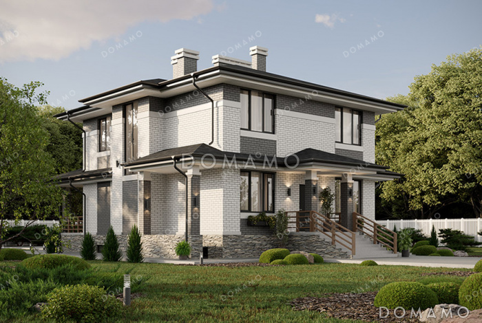 Проект большого двухэтажного дома в стиле Райт с подвалом, большой крытой террасой и балконом на втором этаже Проект большого двухэтажного дома в стиле Райт с подвалом, большой крытой террасой и балконом на втором этаже