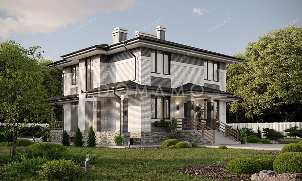 Проект большого двухэтажного дома в стиле Райт с подвалом, большой крытой террасой и балконом на втором этаже / 3