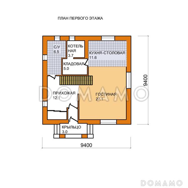 Проект дома из газобетона 9х9 / План 1 этажа