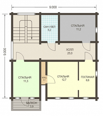 Проект двухэтажного дома из клееного бруса с изолированной кухней-столовой / План мансардного этажа Проект двухэтажного дома из клееного бруса с изолированной кухней-столовой / План мансардного этажа