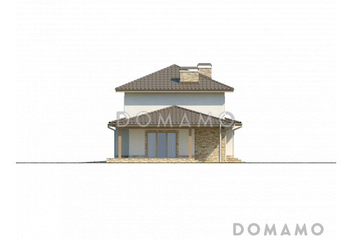 Проект красивого просторного двухэтажного коттеджа из кирпича с крытой террасой и гаражом / Фасад 3