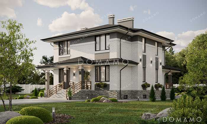 Проект большого двухэтажного дома в стиле Райт с подвалом, большой крытой террасой и балконом на втором этаже Проект большого двухэтажного дома в стиле Райт с подвалом, большой крытой террасой и балконом на втором этаже