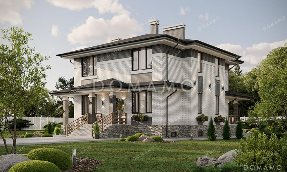 Проект большого двухэтажного дома в стиле Райт с подвалом, большой крытой террасой и балконом на втором этаже / 1