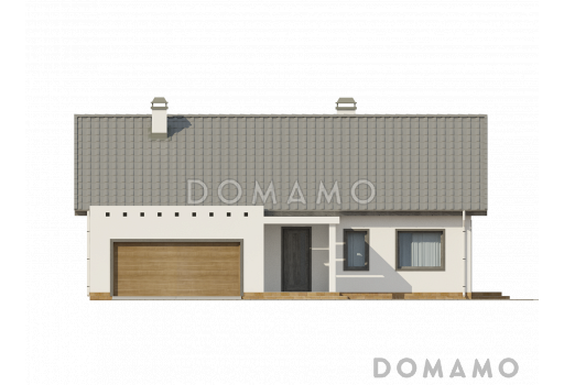 Проект одноэтажного дома из газобетона с антресолью в гостиной, со свободной планировкой мансардного этажа и гаражом  / Фасад 1