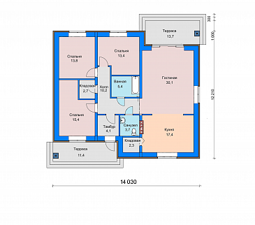 Проект дома с кладовой в кухне, двумя террасами, просторной гостиной / План 1 этажа Проект дома с кладовой в кухне, двумя террасами, просторной гостиной / План 1 этажа