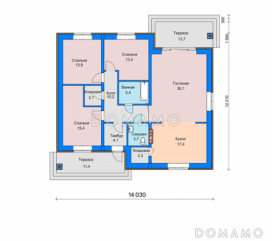 Проект дома с кладовой в кухне, двумя террасами, просторной гостиной / План 1 этажа Проект дома с кладовой в кухне, двумя террасами, просторной гостиной / План 1 этажа