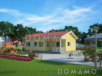 Проект одноэтажного каркасного дома с двумя спальнями и небольшой террасой