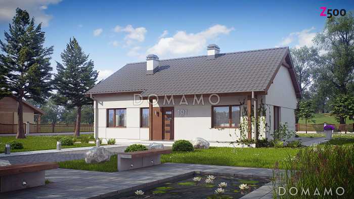 Проект одноэтажного дома из кирпича с открытой террасой по периметру, с возможностью планировки мансардного этажа