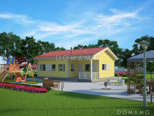 Проект одноэтажного каркасного дома с двумя спальнями и небольшой террасой Проект одноэтажного каркасного дома с двумя спальнями и небольшой террасой