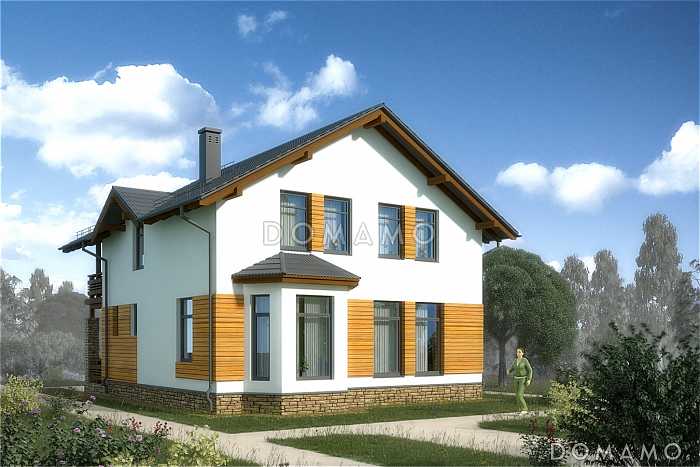 Проект белого дома с эркером кухни и серой кровлей Проект белого дома с эркером кухни и серой кровлей