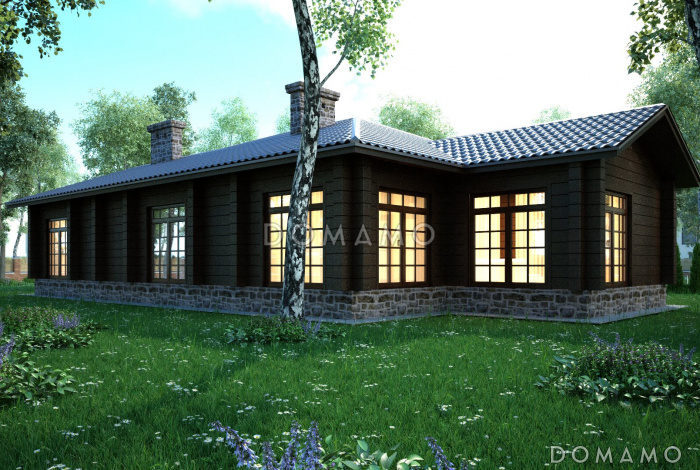 Проект одноэтажного дома с отделкой под брус и витражными окнами