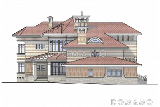 Проект коттеджа с двусветной гостиной, террасой и гаражом на 2 а/м / Фасад 4 Проект коттеджа с двусветной гостиной, террасой и гаражом на 2 а/м / Фасад 4