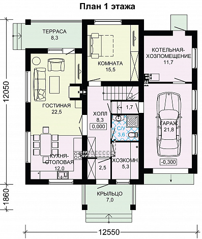 Проект небольшого дома с гаражом / План 1 этажа