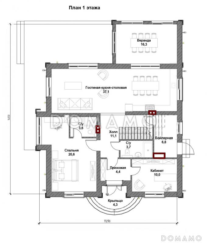Проект загородного дома с верандой, полукруглым крыльцом, французским балконом, вытянутой кухней-гостиной-столовой / План 1 этажа