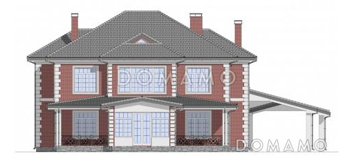 Проект двухэтажного дома из газобетона с пристроенным навесом, верандой и камином / Фасад 2 Проект двухэтажного дома из газобетона с пристроенным навесом, верандой и камином / Фасад 2