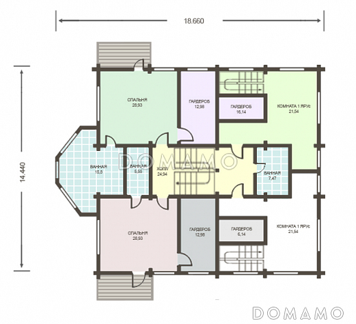 Проект огромного дома из клееного бруса общей площадью более 600 м2 / План 2 этажа Проект огромного дома из клееного бруса общей площадью более 600 м2 / План 2 этажа