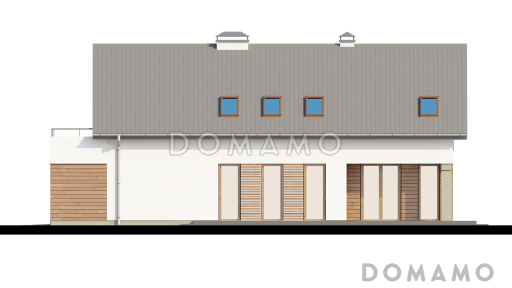 Проект одноэтажного мансардного дома из газобетона с крытой угловой террасой и большой открытой террасой над гаражом / Фасад 3