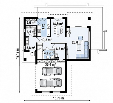 Проект комфортного одноэтажного мансардного дома из кирпича с гаражом для двух автомобилей / План 1 этажа