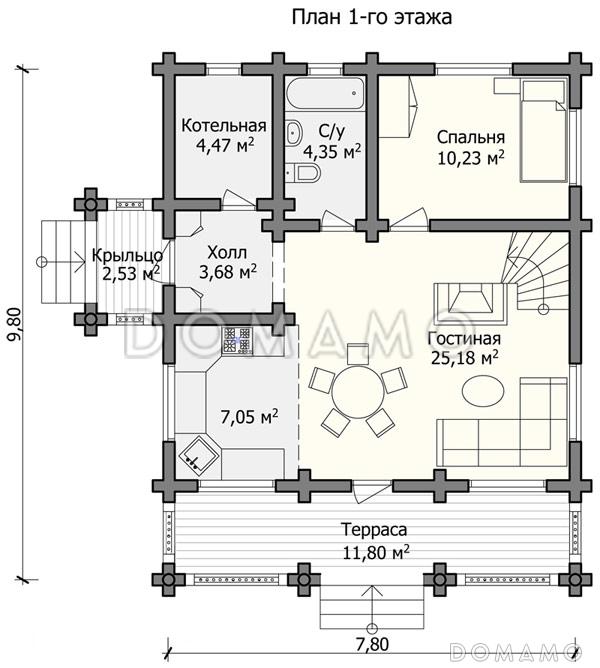 Проект дома с большой и вместительной гостиной / План 1 этажа