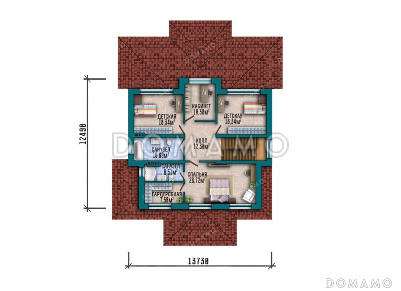 Проект большого двухэтажного дома с подвалом в стиле Райт с комбинированной отделкой и широкой кровлей / План 2 этажа