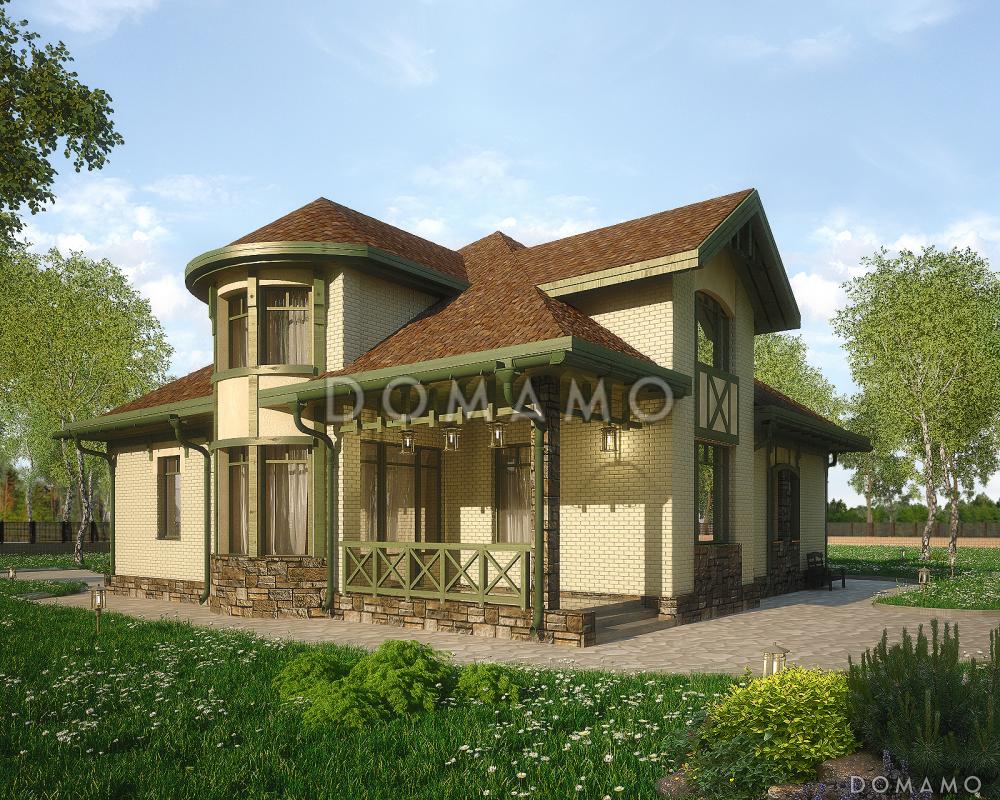 Проект дома с полукруглым эркером, двумя спальнями на первом этаже, вторым светом, ванной с окном, библиотекой / 1