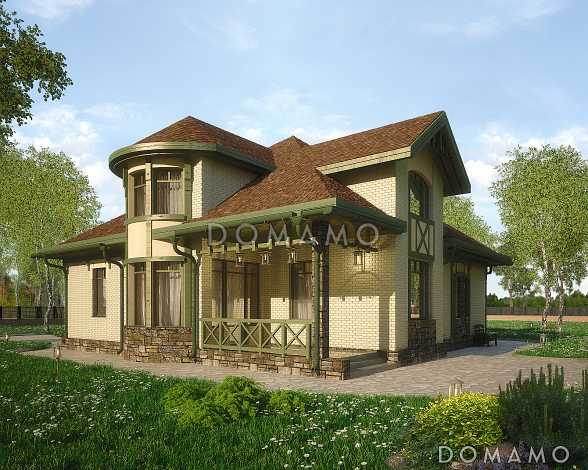 Проект дома с полукруглым эркером, двумя спальнями на первом этаже, вторым светом, ванной с окном, библиотекой