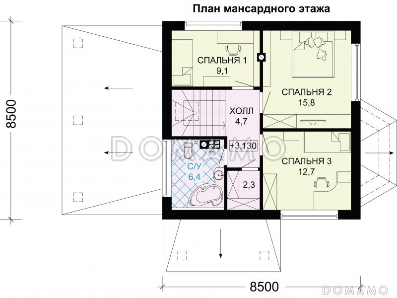Проект дома из газобетона с многощипцовой крышей и навесом для авто / План мансардного этажа