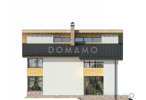 Проект дома по технологии ЛСТК со спальней на первом этаже, ванной с окном, вторым светом в гостиной, двумя балконами / Фасад 1