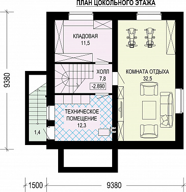 Проект загородного дома с шатровой крышей и цокольным этажом / План цокольного этажа Проект загородного дома с шатровой крышей и цокольным этажом / План цокольного этажа