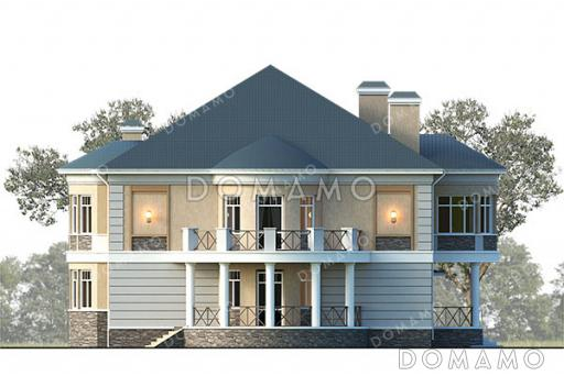 Проект усадьбы в классическом стиле с четырьмя спальнями, кабинетом, гаражом и подвалом / Фасад 2