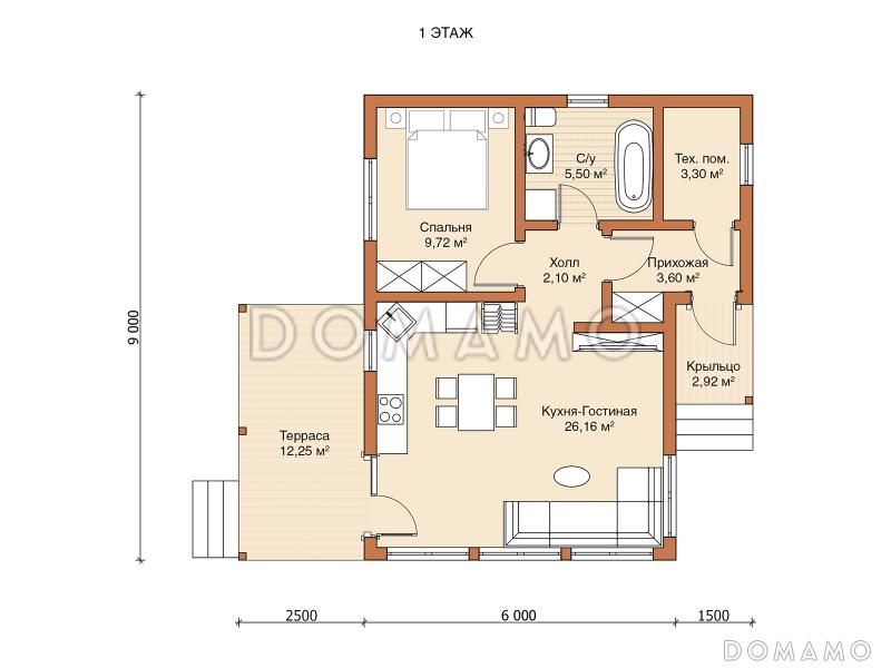 Каркасный дом "Ханко" / План 1 этажа