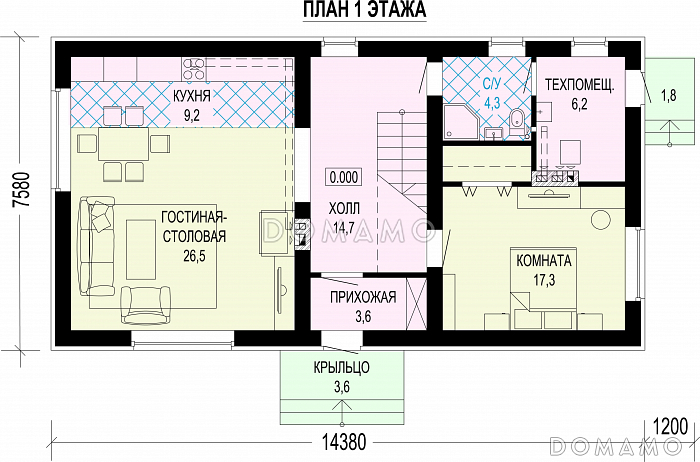 Проект дома в стиле минимализм с 4 спальнями / План 1 этажа Проект дома в стиле минимализм с 4 спальнями / План 1 этажа