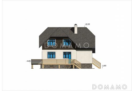 Проект кирпичного дома с цокольным и мансардным этажами, террасой и сауной / Фасад 2
