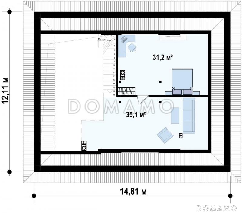 Проект современного дома с мансардным этажом, кладовой, душевой и сауной на первом этаже / План мансардного этажа