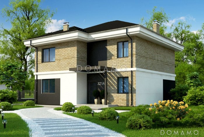 Проект современного двухэтажного дома из кирпича с четырьмя комнатами, большим тех помещением и балконом Проект современного двухэтажного дома из кирпича с четырьмя комнатами, большим тех помещением и балконом