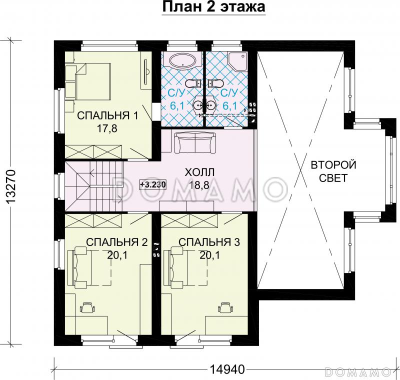 Проект дома из газобетона с панорамными окнами и натуральной черепицей / План мансардного этажа