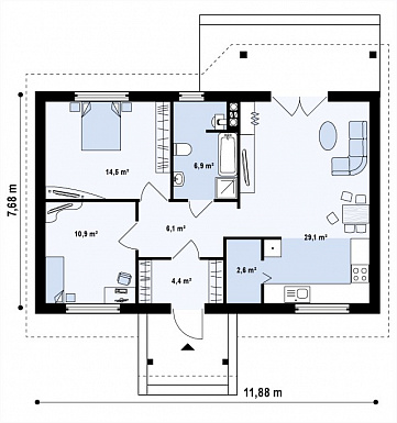 Проект компактного одноэтажного дома из газобетона с двумя спальнями и просторной гостиной / План 1 этажа Проект компактного одноэтажного дома из газобетона с двумя спальнями и просторной гостиной / План 1 этажа