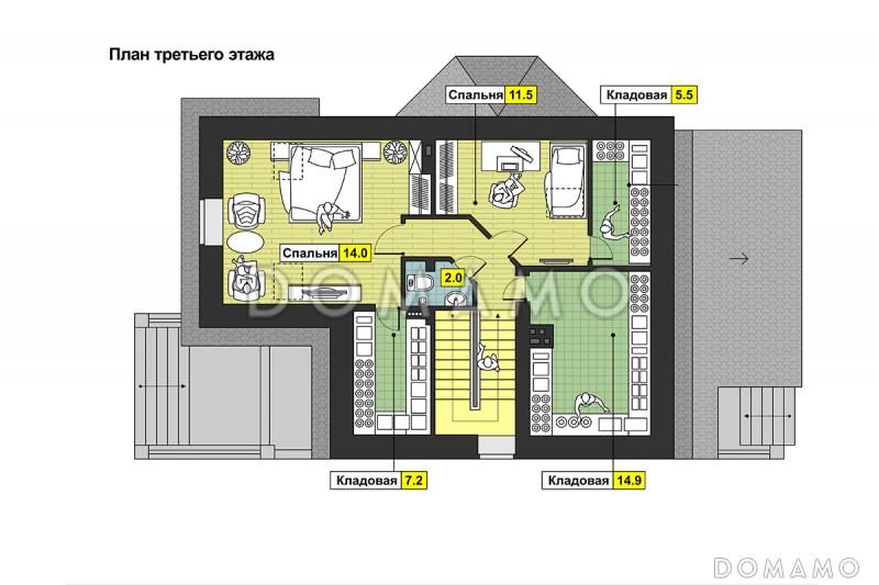 Частный дом с эркером, крытой террасой, балконом, большой кладовой на мансарде / План мансардного этажа