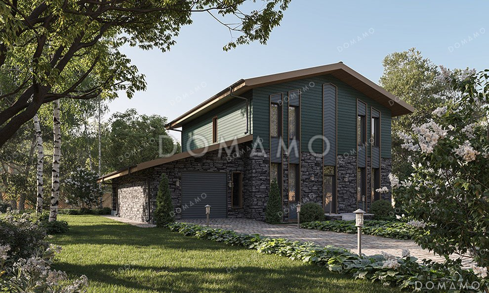 Проект двухэтажного дома с гаражом, террасой и тремя спальнями / 1