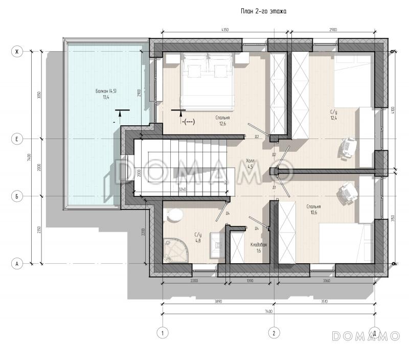Проект двухэтажного дома с эксплуатируемой кровлей, 4 спальнями, кухней-гостиной и местами для хранения / План 2 этажа
