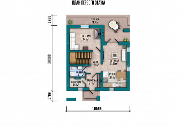 Проект загородного дома с 3 спальнями на мансарде, камином в гостевой комнате и крытой террасой / План 1 этажа