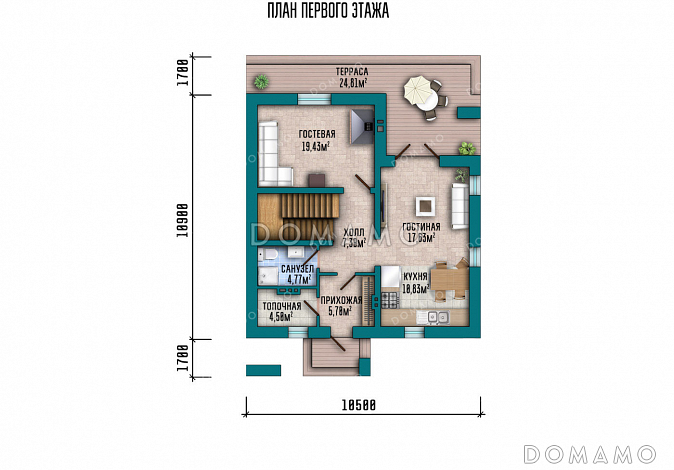 Проект загородного дома с 3 спальнями на мансарде, камином в гостевой комнате и крытой террасой / План 1 этажа